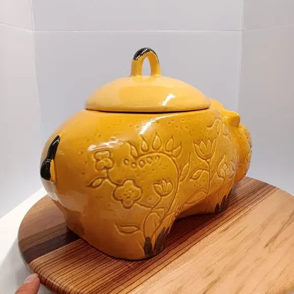 Doranne of CA Smiling Yellow Gold Hippo W/ Flowers Retro Vintage Cookie Jar MCM